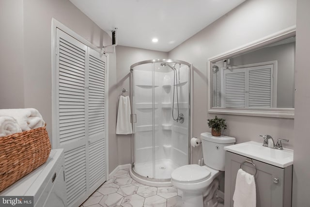 6335 Rockshire St, Alexandria, VA 22315 - full bathroom with a closet, a shower stall, toilet, vanity, and recessed lighting