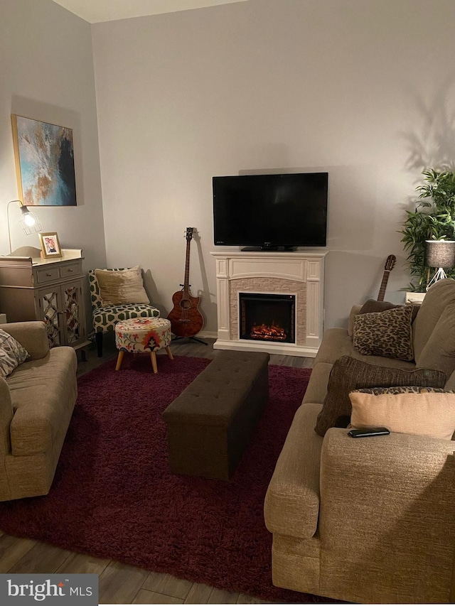 living room with wood finished floors and a lit fireplace