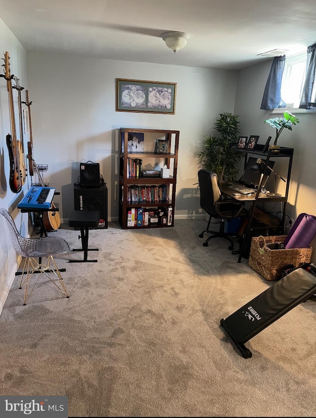 office area featuring baseboards and carpet