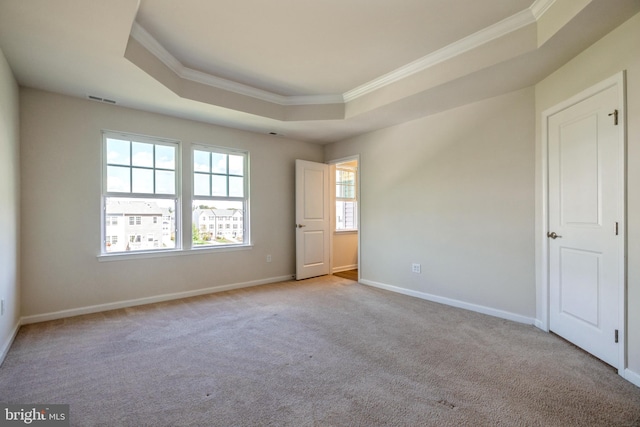 spare room with ornamental molding, a tray ceiling, baseboards, and carpet floors