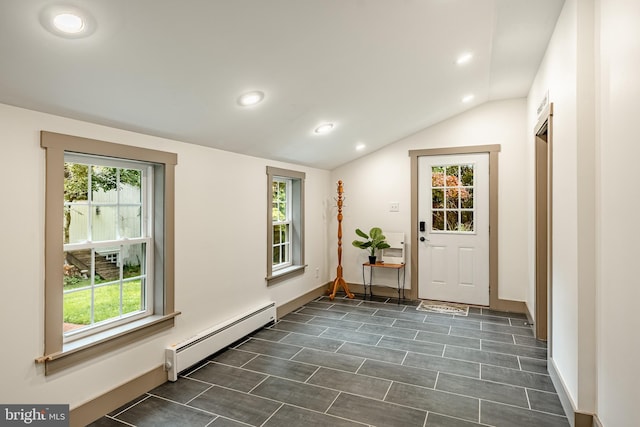 4870 Homeville Rd, Cochranville, PA 19330 - foyer entrance with a baseboard radiator, lofted ceiling, and recessed lighting