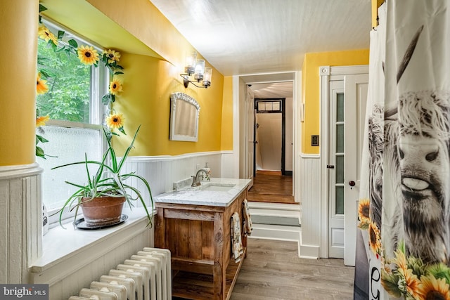 4870 Homeville Rd, Cochranville, PA 19330 - bathroom with a wainscoted wall, radiator heating unit, wood finished floors, and vanity