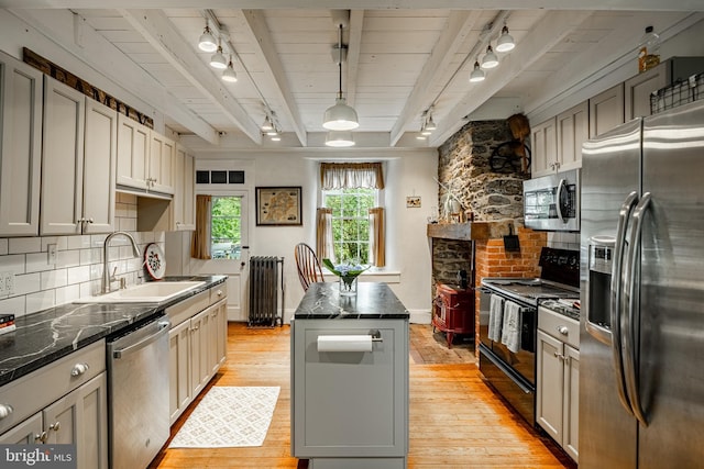 4870 Homeville Rd, Cochranville, PA 19330 - kitchen with appliances with stainless steel finishes, rail lighting, radiator, light wood-type flooring, and backsplash