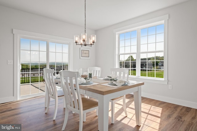 dining area with a wealth of natural light, wood finished floors, baseboards, and a notable chandelier