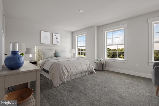 carpeted bedroom with baseboards and multiple windows