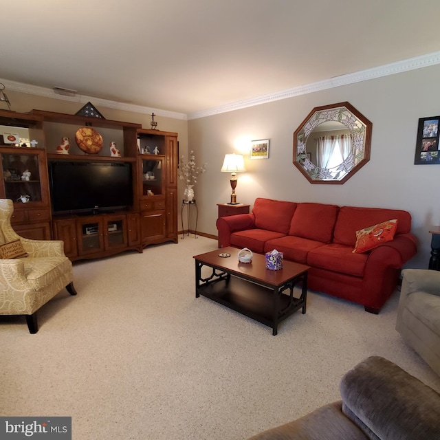 living room with light colored carpet, crown molding, and baseboards