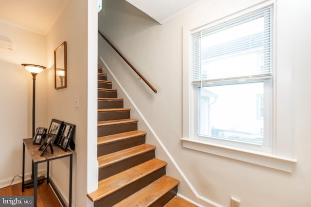 stairway featuring wood finished floors, ornamental molding, and a healthy amount of sunlight