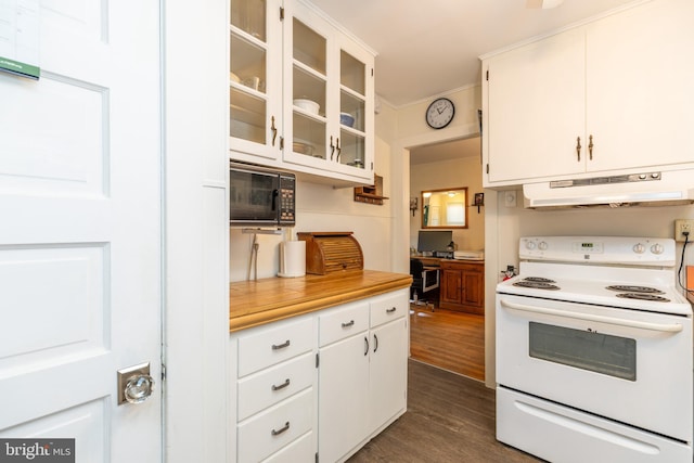kitchen featuring white range with electric cooktop, white cabinetry, dark wood-style floors, and under cabinet range hood