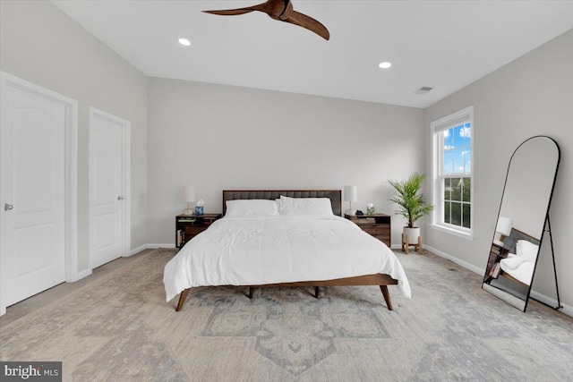 bedroom with carpet floors, baseboards, a ceiling fan, and recessed lighting