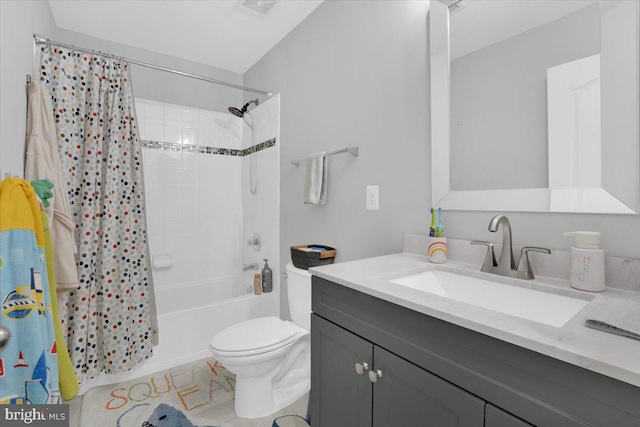 full bathroom featuring toilet, shower / tub combo, visible vents, tile patterned flooring, and vanity