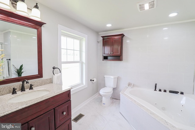 1111 S Mountain Rd, Dillsburg, PA 17019 - bathroom with toilet, a whirlpool tub, vanity, marble finish flooring, and baseboards