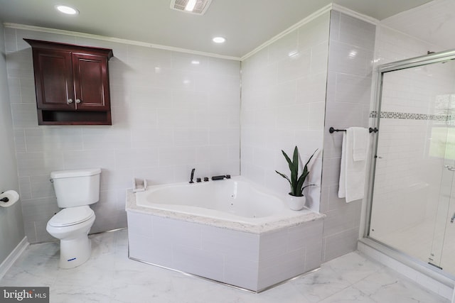 1111 S Mountain Rd, Dillsburg, PA 17019 - full bath with marble look tile flooring, a garden tub, a stall shower, tile walls, and crown molding