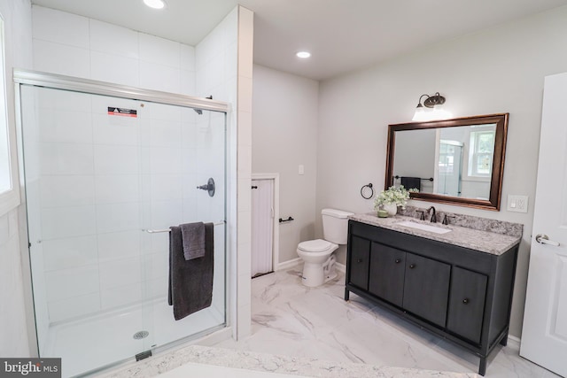 1111 S Mountain Rd, Dillsburg, PA 17019 - bathroom with marble finish flooring, a shower stall, toilet, vanity, and recessed lighting