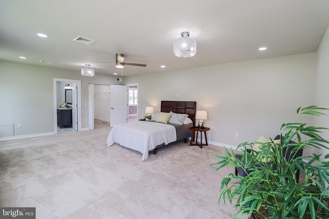 1111 S Mountain Rd, Dillsburg, PA 17019 - bedroom with baseboards, light carpet, recessed lighting, a walk in closet, and ceiling fan