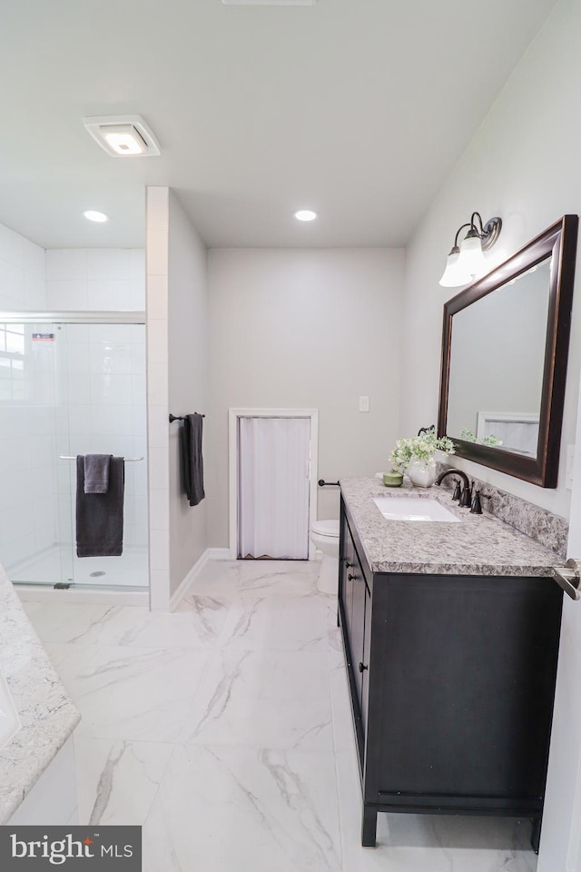1111 S Mountain Rd, Dillsburg, PA 17019 - bathroom featuring vanity, a stall shower, toilet, recessed lighting, and marble finish flooring