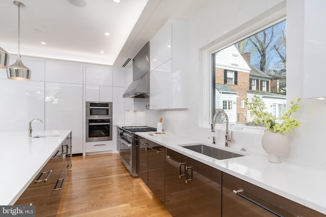 kitchen with a sink, wall chimney exhaust hood, stainless steel appliances, and modern cabinets