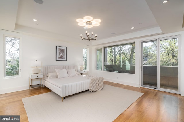 bedroom with a raised ceiling, access to outside, and multiple windows