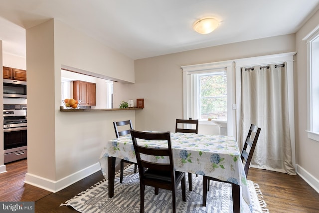 dining space featuring baseboards and dark wood-style flooring