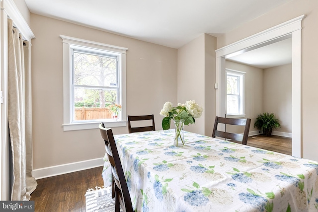 dining area featuring baseboards, a healthy amount of sunlight, and dark wood-style floors