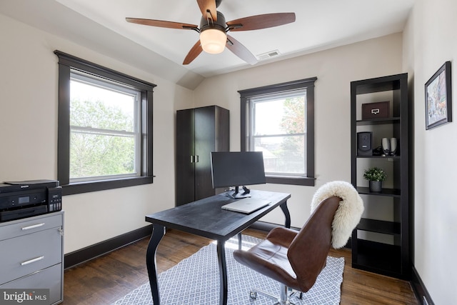 home office featuring ceiling fan, baseboards, dark wood-style flooring, and visible vents