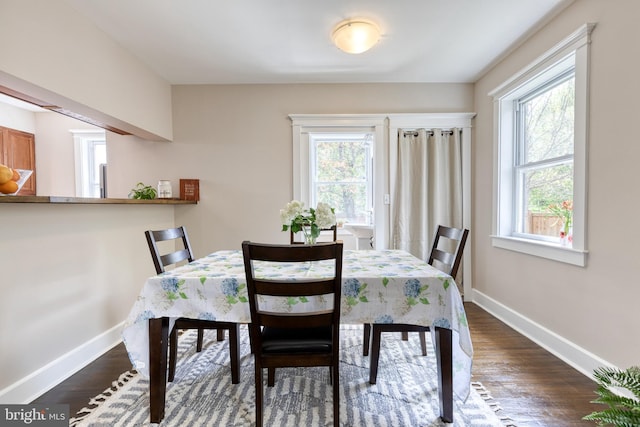dining space featuring baseboards and dark wood-style flooring