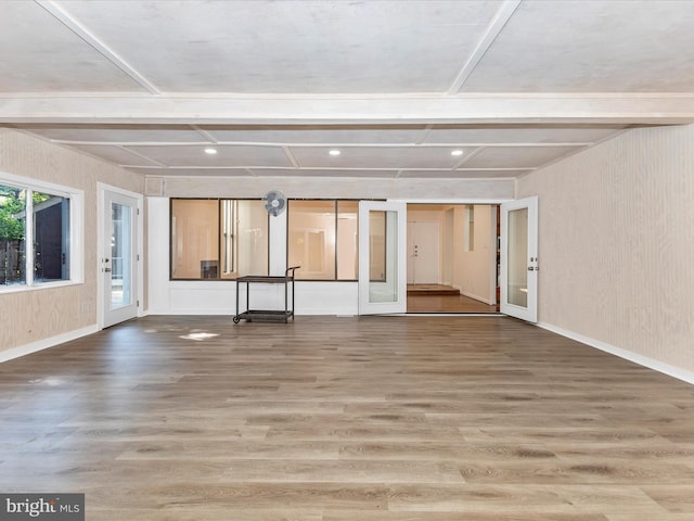 19512 Desmet Pl, Montgomery Village, MD 20886 - unfurnished living room featuring wood finished floors, baseboards, french doors, recessed lighting, and beamed ceiling
