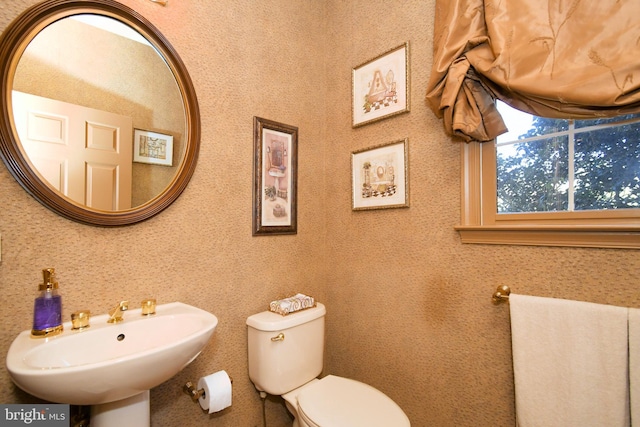 bathroom with toilet, wallpapered walls, and a sink