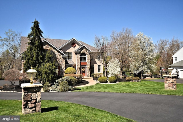 view of front facade featuring stone siding and a front lawn