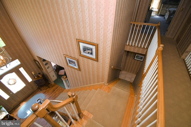stairs with wallpapered walls and carpet