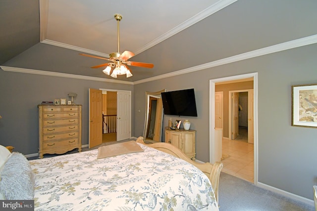 carpeted bedroom featuring ceiling fan, baseboards, and ornamental molding