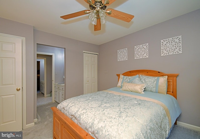 bedroom with light carpet, a closet, ceiling fan, and baseboards