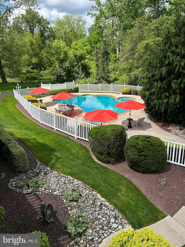 view of pool featuring a patio, a fenced backyard, a fenced in pool, and a lawn