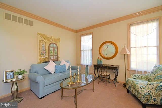 living area with crown molding, visible vents, baseboards, and carpet flooring