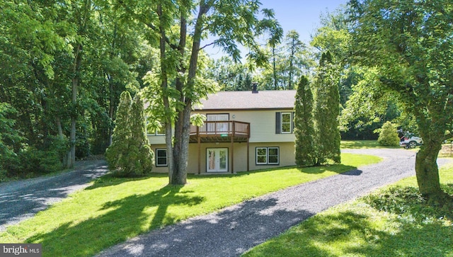804 Farms River Rd, Front Royal, VA 22630 - view of property with gravel driveway, a front yard, a deck, and french doors