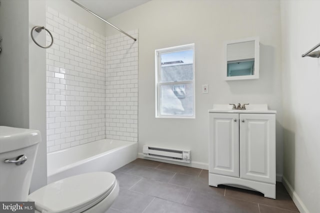 full bathroom featuring vanity, tile patterned flooring,  shower combination, toilet, and a baseboard heating unit