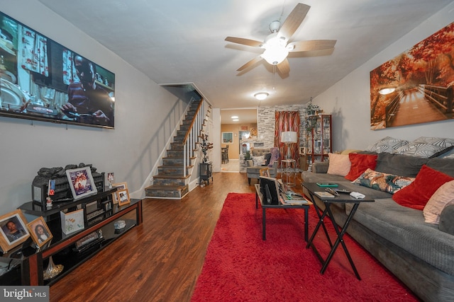 4990 W Thompson St, Philadelphia, PA 19131 - living room featuring stairway, a ceiling fan, and wood finished floors