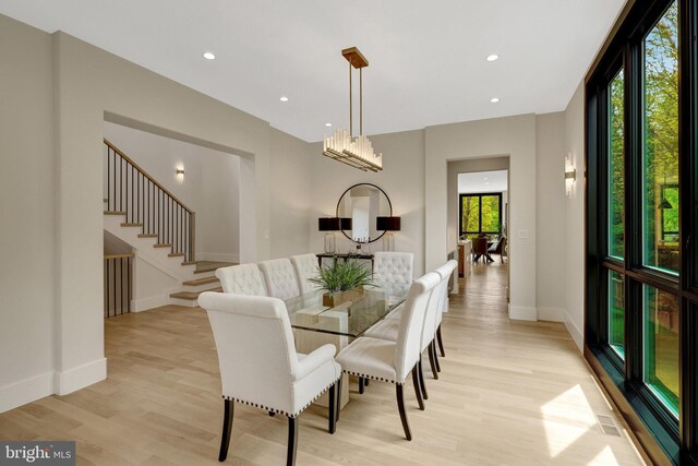 1853 Massachusetts Ave, Mclean, VA 22101 - dining area with light wood-style flooring, baseboards, stairway, and recessed lighting