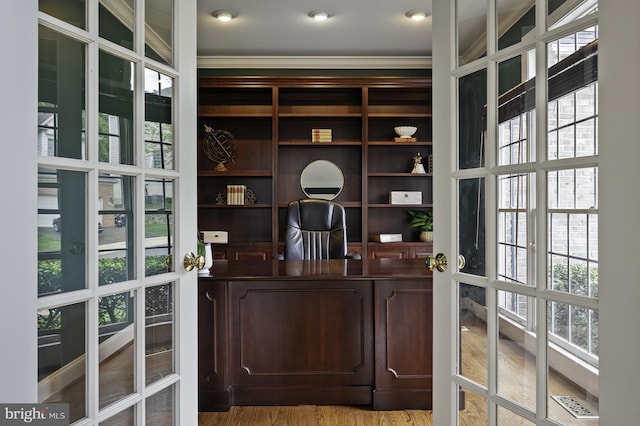 office area featuring plenty of natural light, crown molding, and light wood finished floors