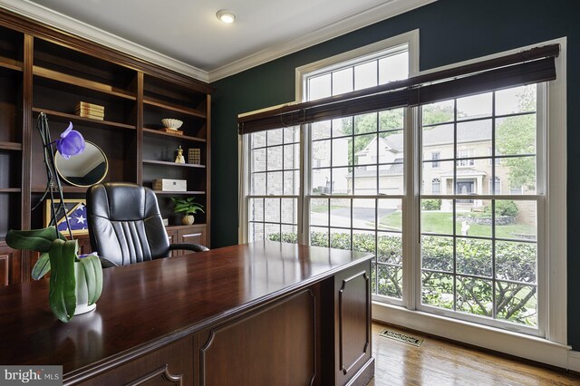 office space with ornamental molding, plenty of natural light, and wood finished floors