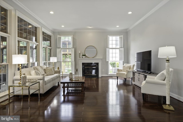 living area with baseboards, a fireplace, dark wood-style floors, ornamental molding, and recessed lighting