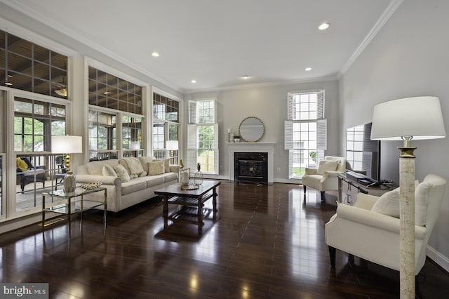 living room featuring a premium fireplace, crown molding, baseboards, wood finished floors, and recessed lighting