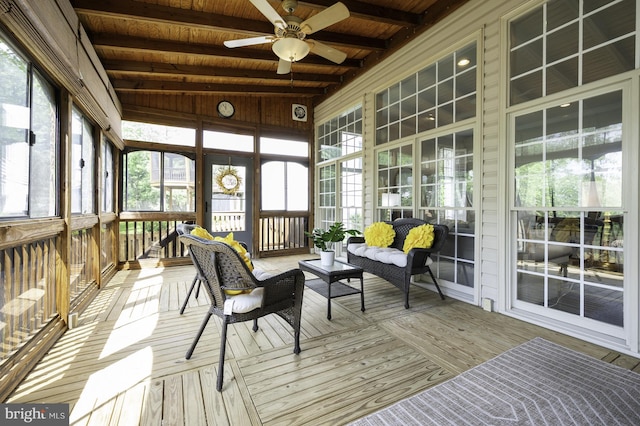 sunroom with a ceiling fan, beam ceiling, and outdoor lounge area