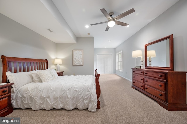 carpeted bedroom featuring a closet, baseboards, ceiling fan, and recessed lighting