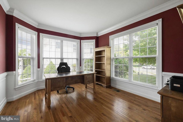 7135 Hills Ln, Warrenton, VA 20187 - office area featuring wood-type flooring, ornamental molding, and wainscoting