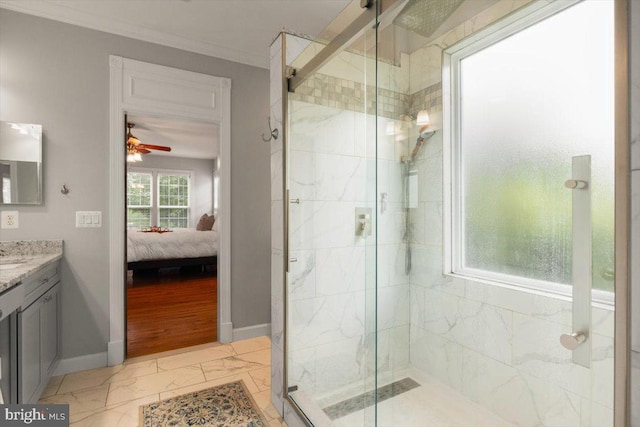 7135 Hills Ln, Warrenton, VA 20187 - ensuite bathroom with vanity, marble finish floors, a marble finish shower, ornamental molding, and a ceiling fan