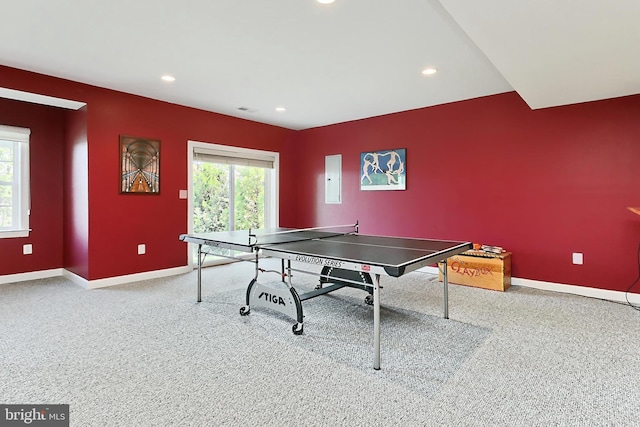 game room featuring baseboards, recessed lighting, visible vents, and carpet floors