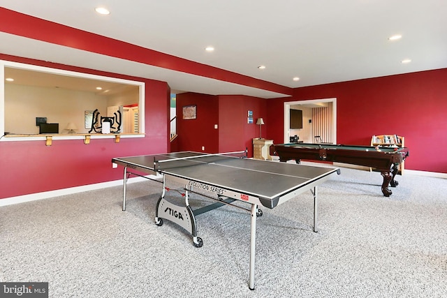recreation room featuring carpet, pool table, recessed lighting, and baseboards