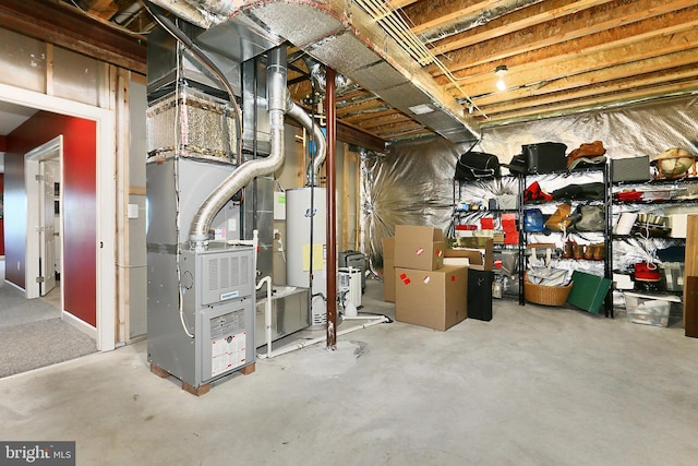 unfinished basement with water heater and heating unit