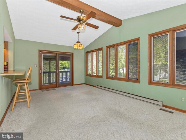 unfurnished living room with baseboards, vaulted ceiling with beams, and baseboard heating