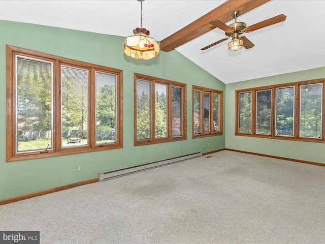 unfurnished sunroom with carpet floors, baseboards, a baseboard heating unit, and lofted ceiling with beams